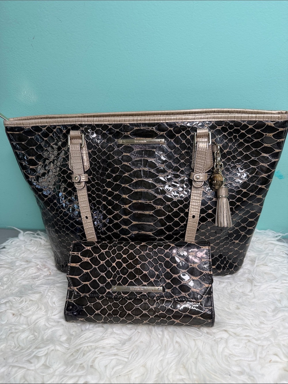 Brahmin Asher Black and Cream Croc-Embossed Leather Tote with Wallet